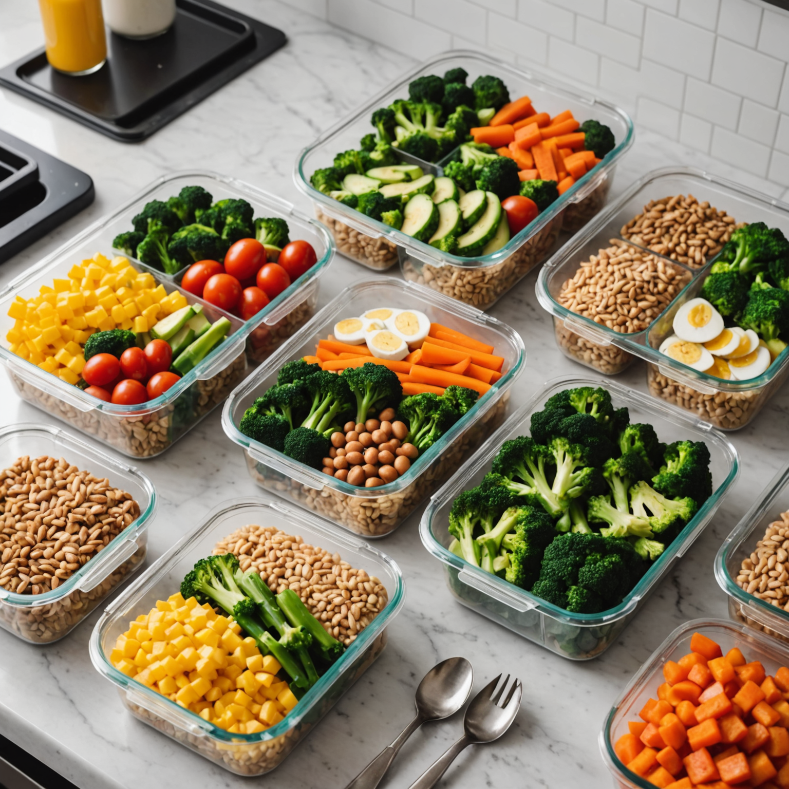 Organized meal prep containers with balanced portions of proteins, vegetables, and whole grains arranged on a clean kitchen counter