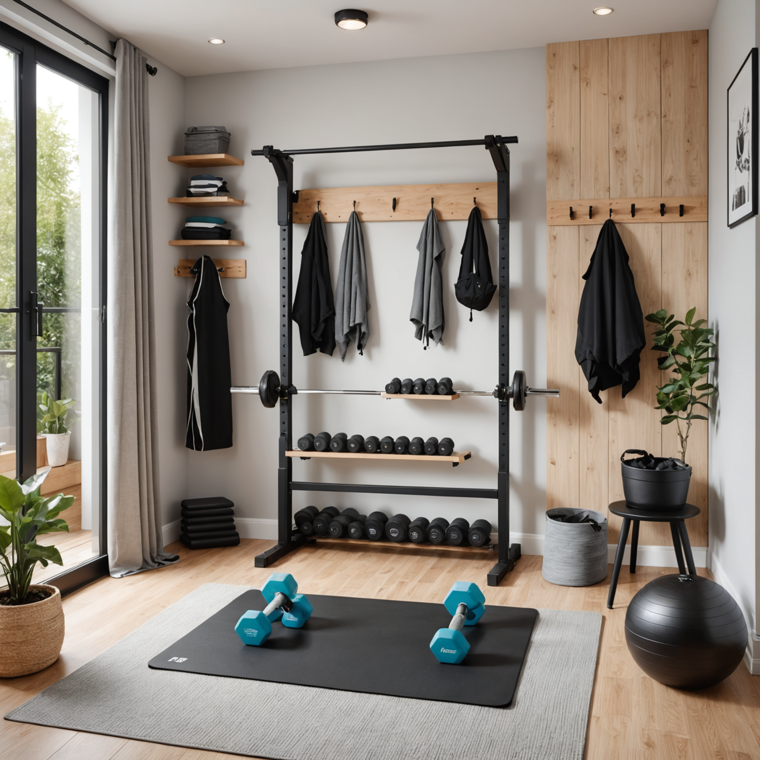 Compact home gym setup in small apartment space with dumbbells, resistance bands, yoga mat, and storage solutions, organized workout area in bedroom corner, budget-friendly fitness equipment neatly arranged