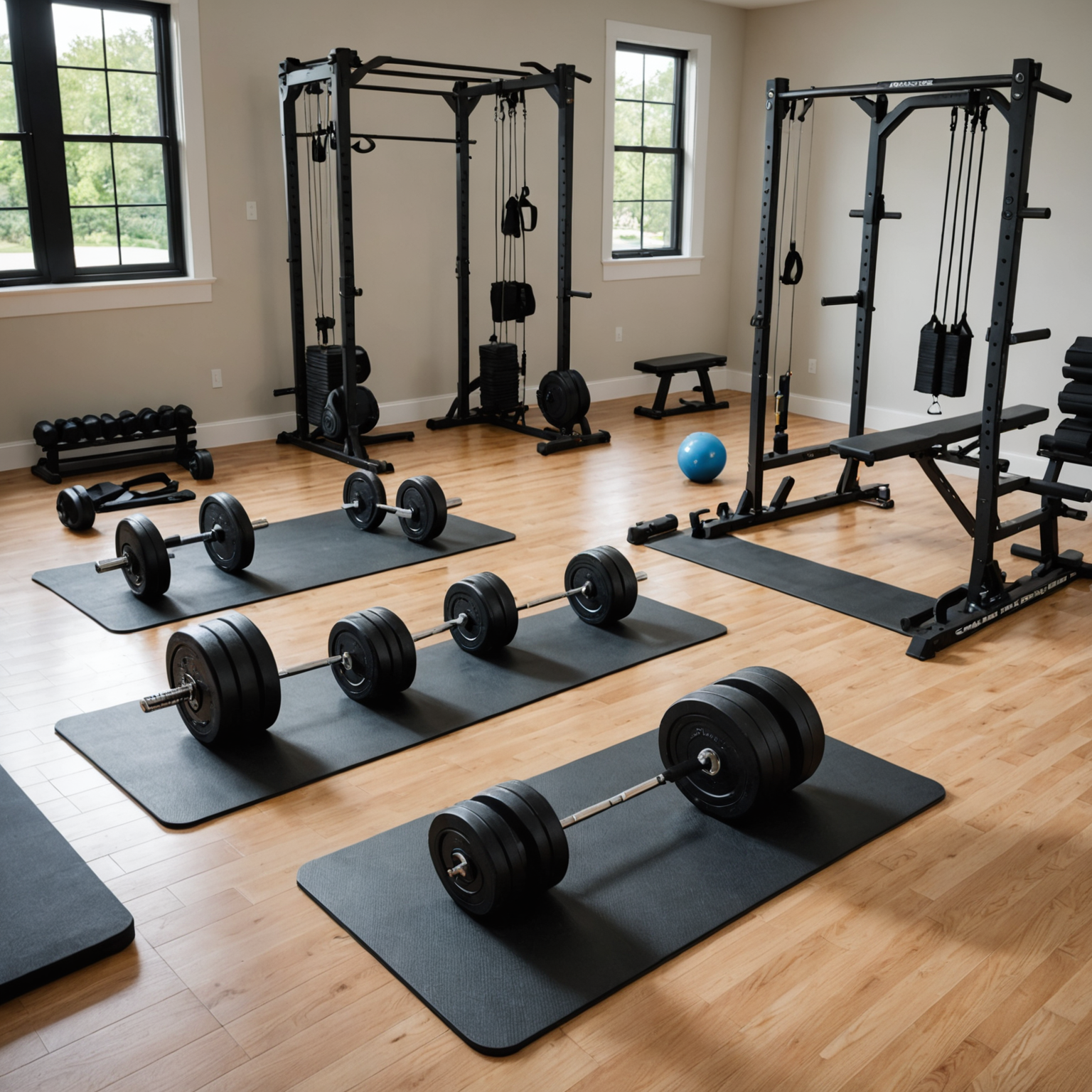 Side-by-side comparison of three different home gym equipment setups: strength training setup with dumbbells and resistance bands, cardio setup with jump rope and sliders, flexibility setup with yoga mat blocks and foam roller