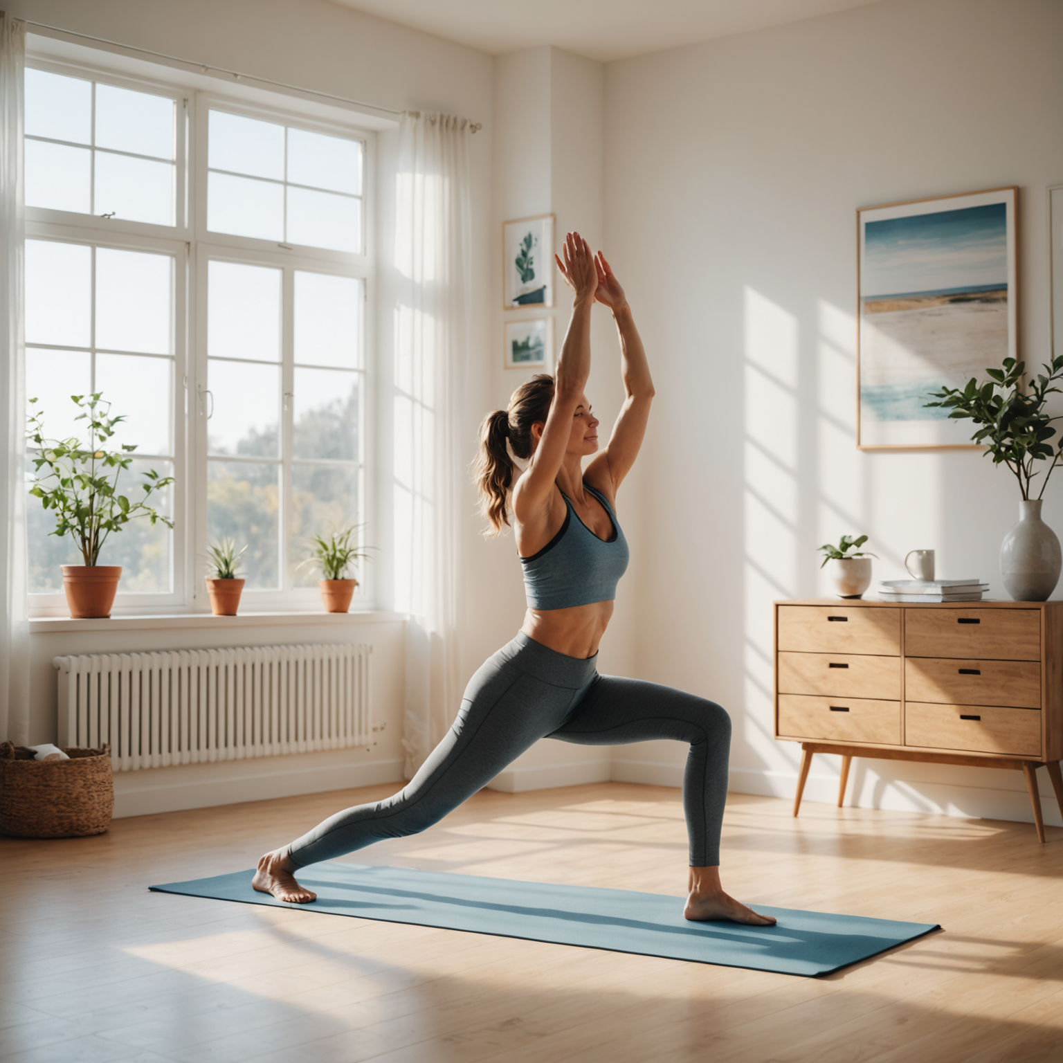 Woman performing morning stretches in a bright, peaceful bedroom with sunlight streaming through windows, yoga mat on floor, wearing comfortable workout clothes, demonstrating gentle flexibility exercises