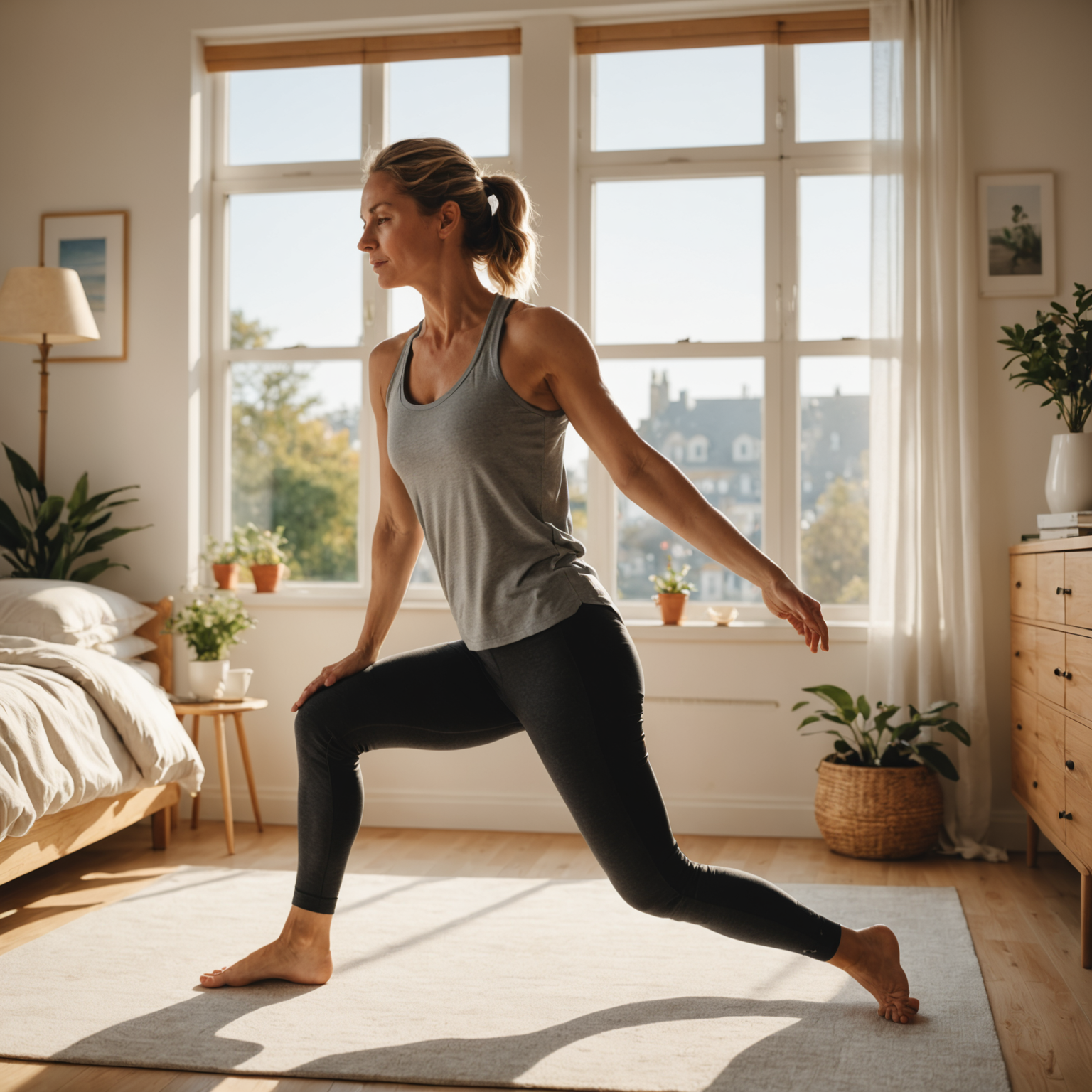 Woman performing morning stretches in a sunlit bedroom with peaceful atmosphere