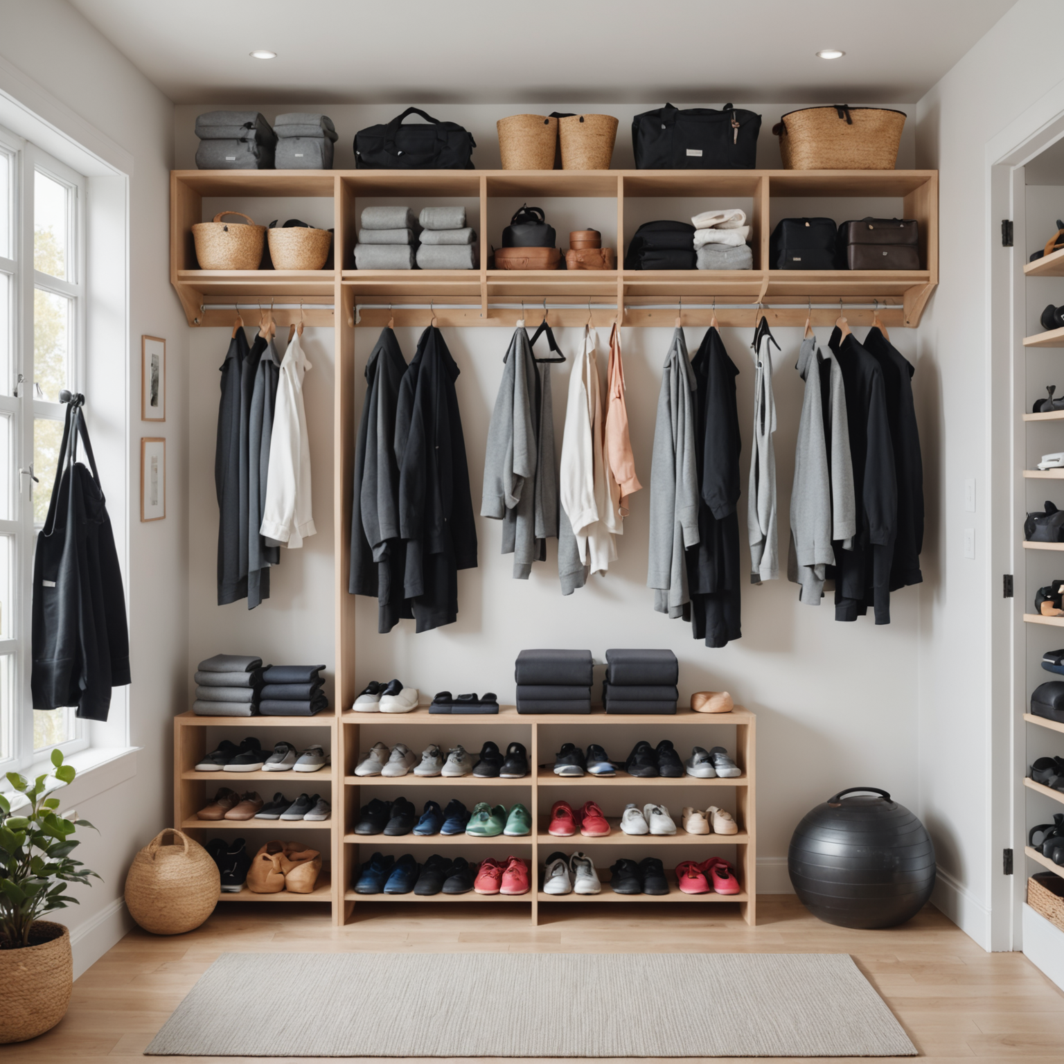 Well-organized closet interior with home gym equipment systematically arranged on shelves and wall hooks, including rolled yoga mat, dumbbells on shelf, resistance bands hanging, clean and minimal aesthetic