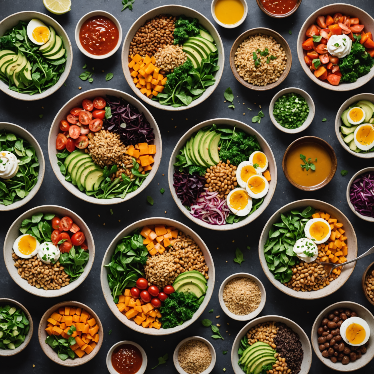 Array of colorful, nutritious meals including grain bowls, salads, and protein-rich dishes arranged attractively