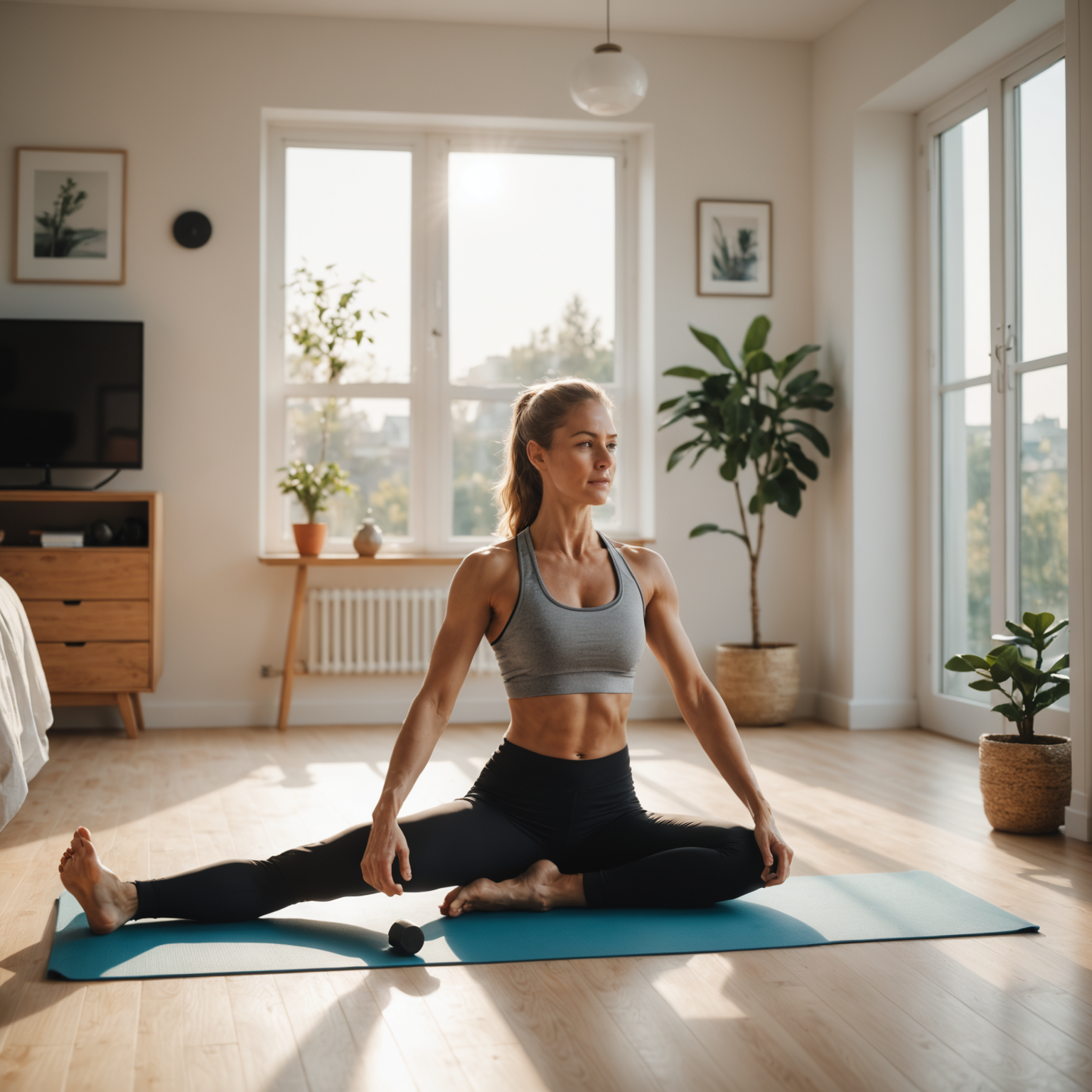 Woman exercising in her bedroom with minimal equipment setup, yoga mat and dumbbells visible, natural morning sunlight streaming through window, peaceful and realistic home workout environment