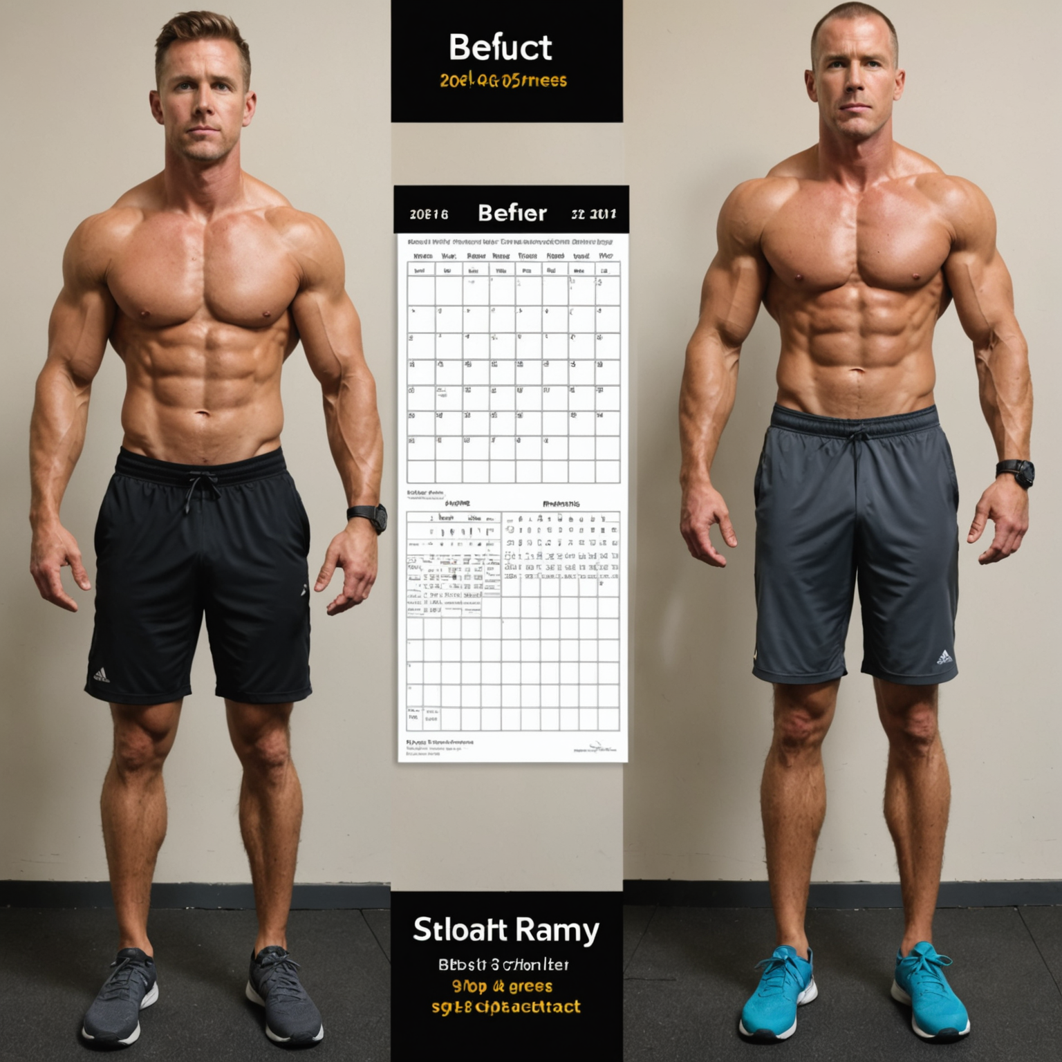 Before and after comparison showing fitness progress with calendar highlighting rest days demonstrating balanced training approach