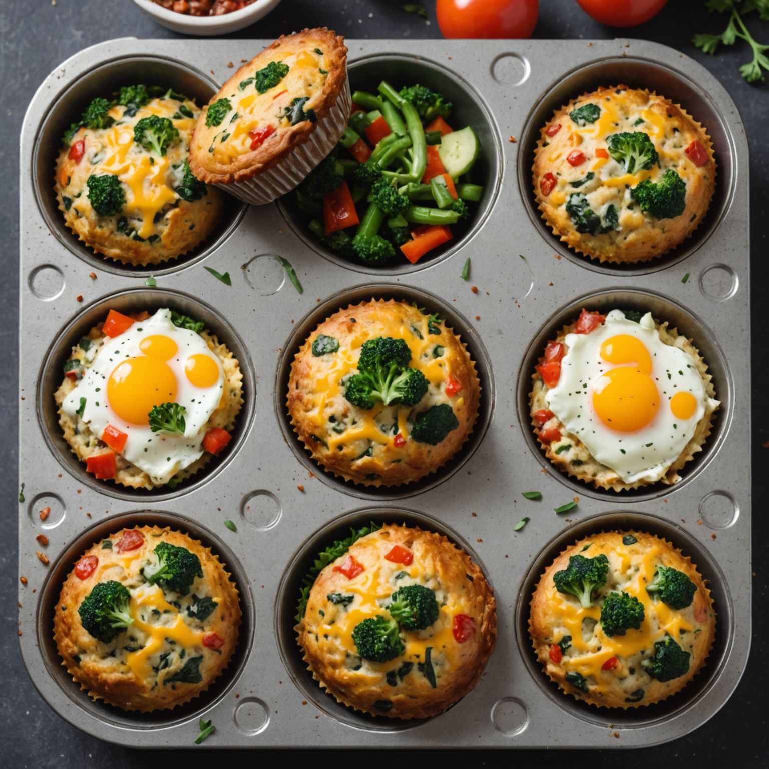Homemade protein-rich breakfast muffins with vegetables and cheese, freshly baked in a muffin tin