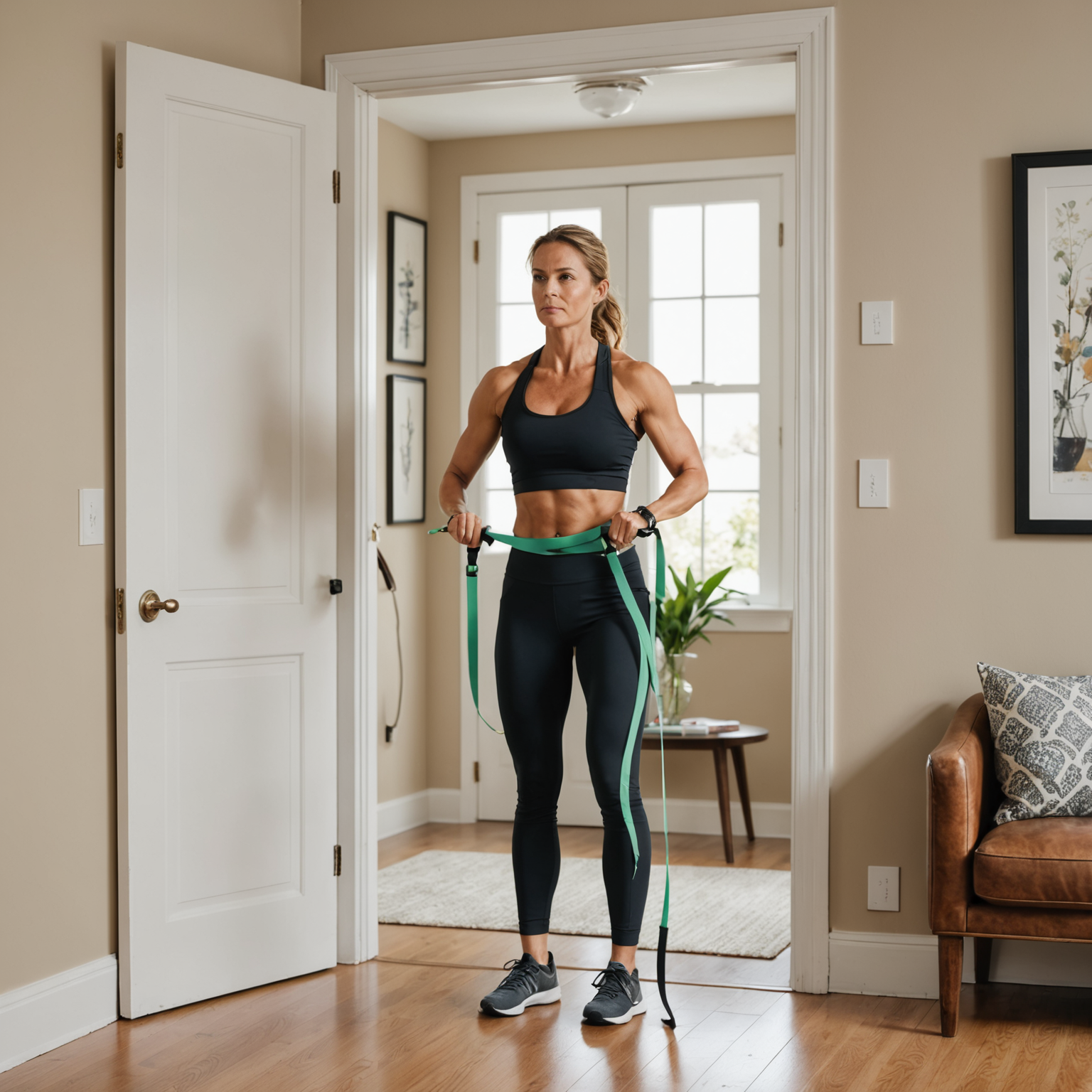 Woman demonstrating creative resistance band exercise using door anchor in home setting, showing proper form and versatility of basic equipment, bright natural lighting, motivational home workout atmosphere