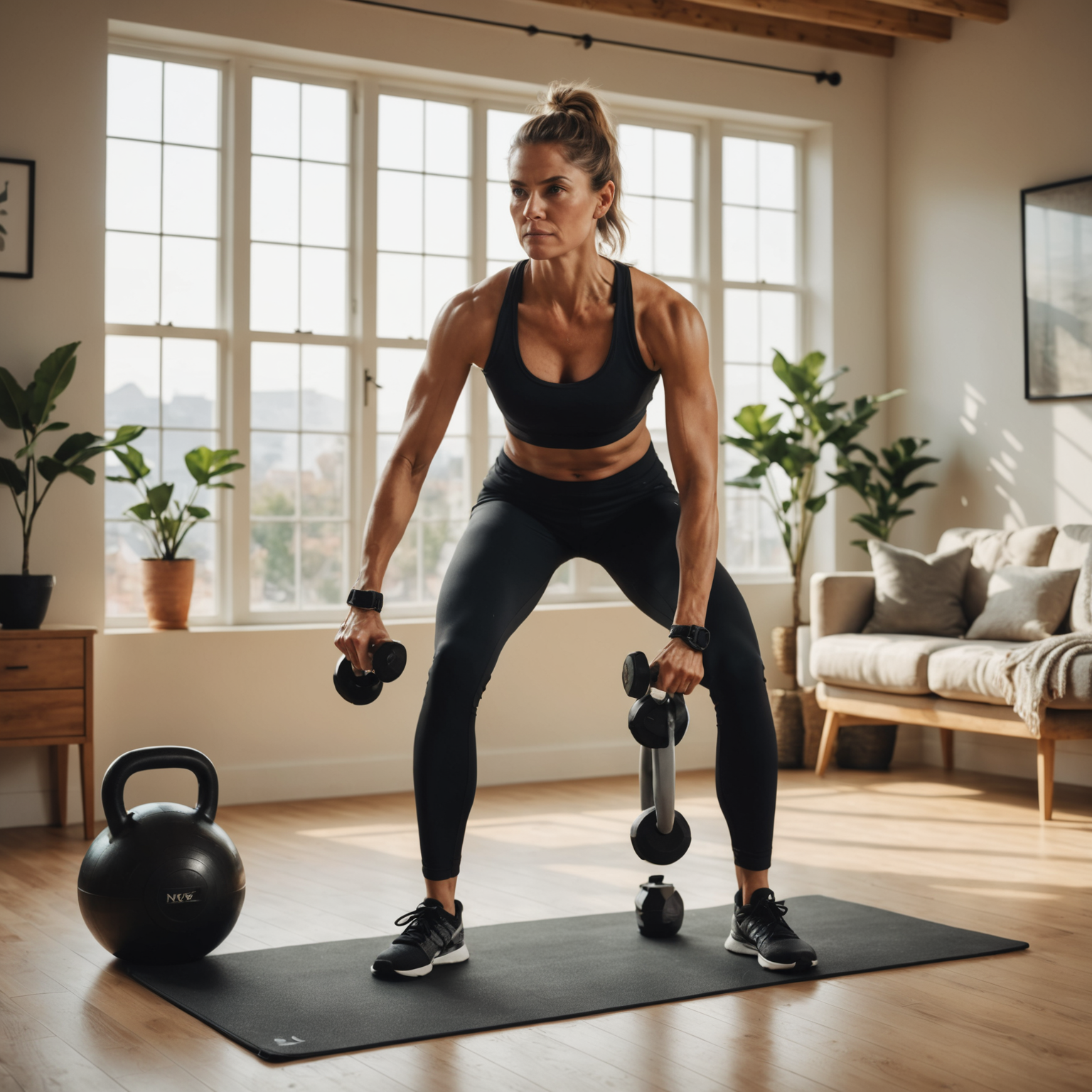 Inspiring image of confident woman completing home workout with basic equipment, showing strength and empowerment, natural home setting with morning light, motivational and achievable fitness atmosphere